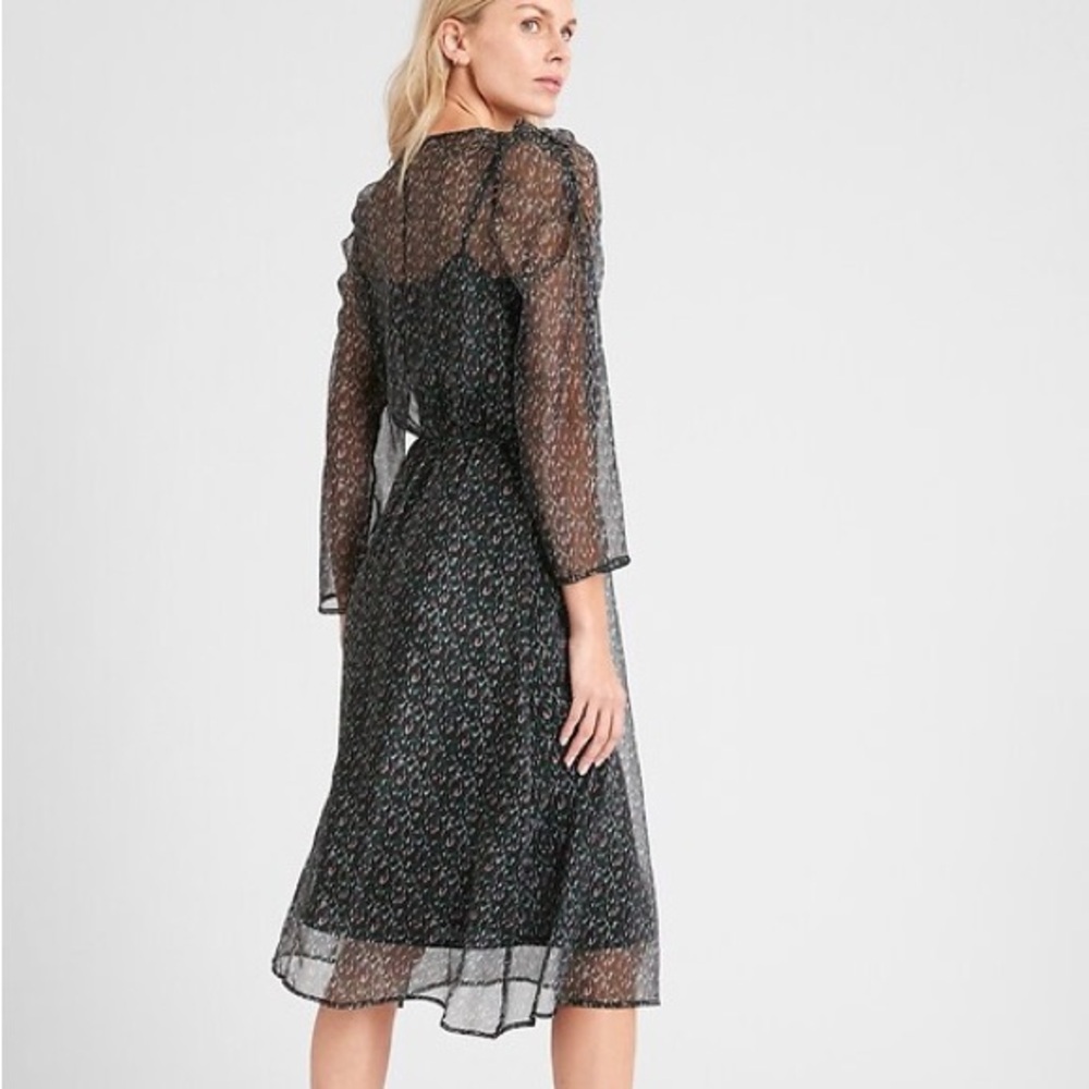 Banana Republic Puff Sleeve Lurex Black Sheer Midi Dress Womens L Sparkle - Picture 10 of 10